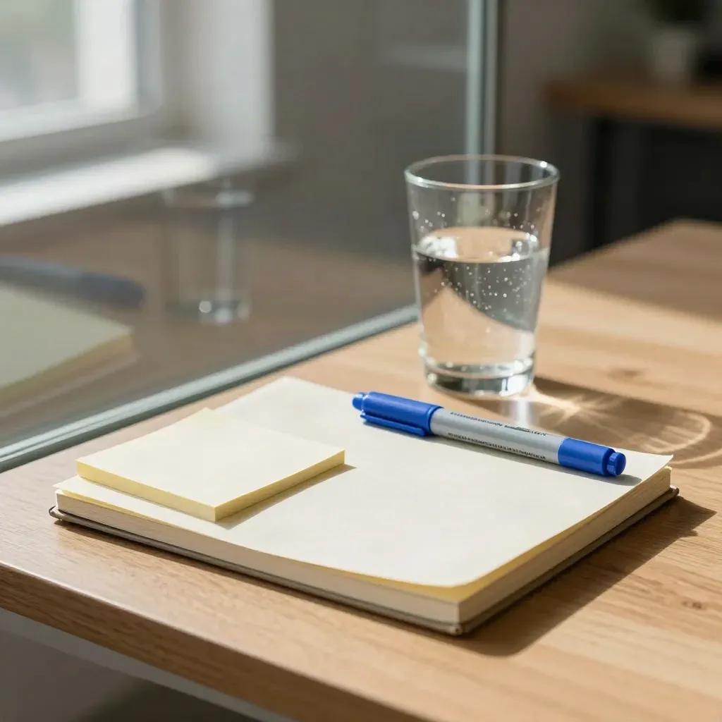 Aufgeräumte Co-Working-Ecke mit Notizzetteln, Notebook, Marker und Glaswand im warmen Licht.