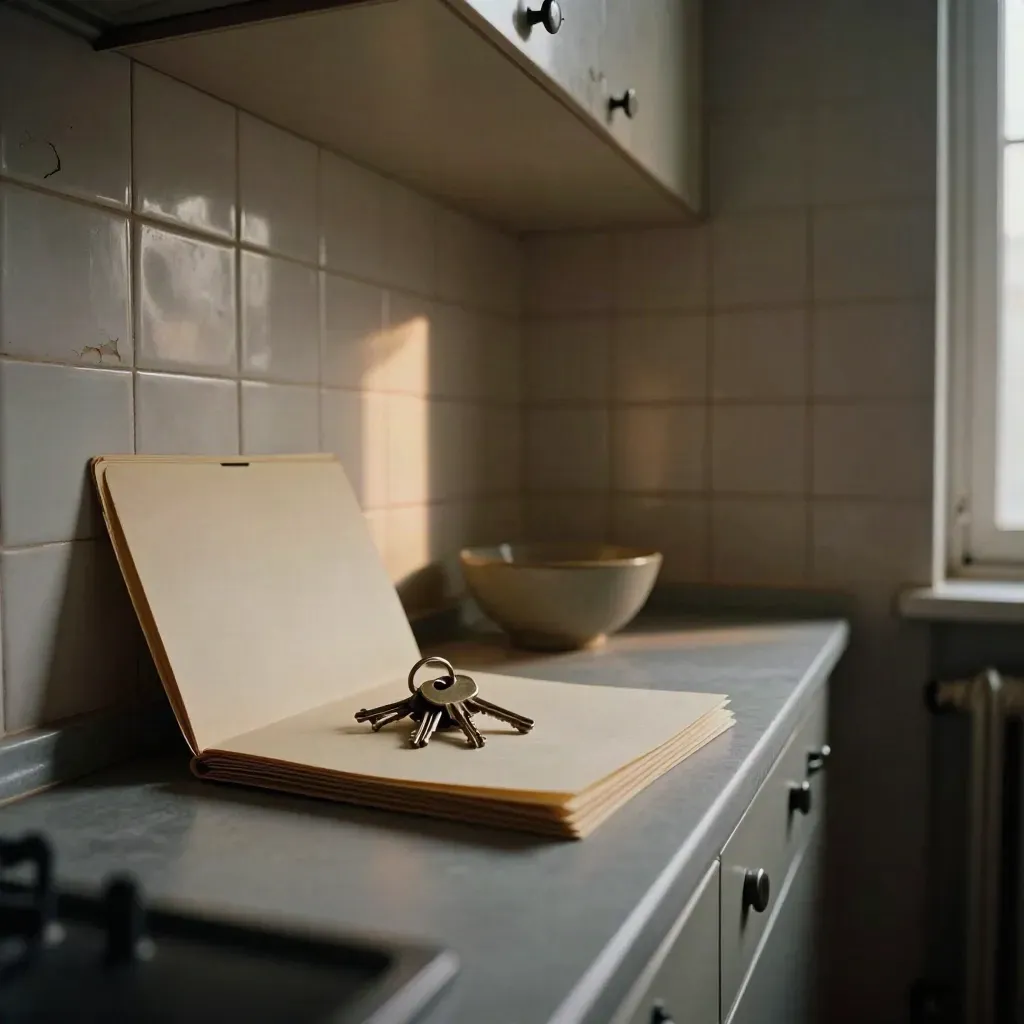 Enge Altbau-Küche mit Heizung, Fensterlicht, Schlüsselbund und umgedrehter Rechnungsmappe im Abenddruck.