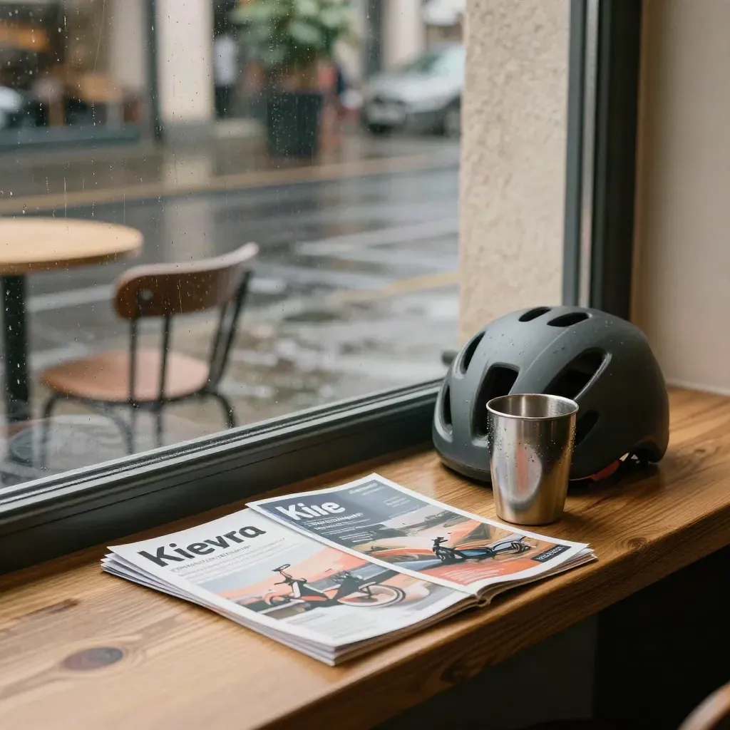 Regennasses Kiez-Caféfenster mit Flyern, Fahrradhelm und Thermobecher im warmen Licht