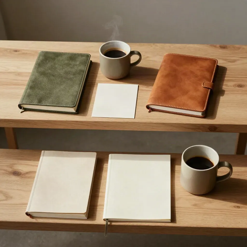 Drei Notizbücher, drei Kaffeetassen und drei leere Gründerkarten auf einer Holzbank, von oben.
