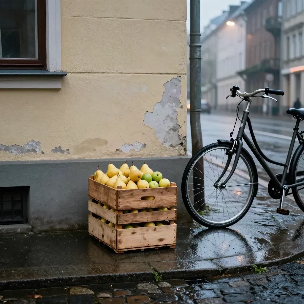 Neuköllner Straßenecke mit Obstkiste, Fahrrad und nassem Kopfsteinpflaster im blauen Abendlicht