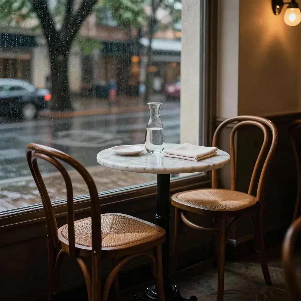 Leere Café-Ecke mit zwei Stühlen, Marmortisch und Regen am Fenster.
