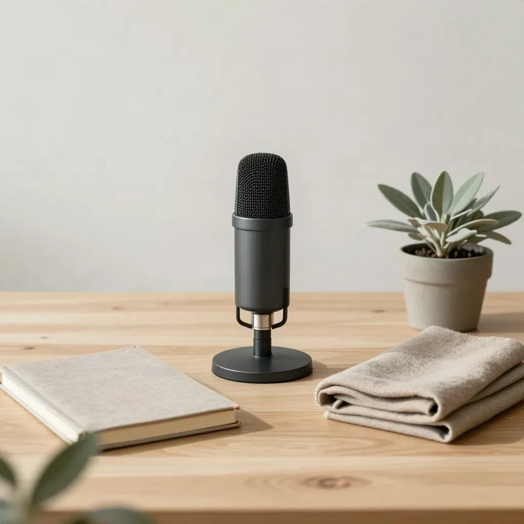 Matte Mikrofon, Notizbuch, Wolltuch und Pflanze auf heller Eiche, ruhiges Interview-Setup