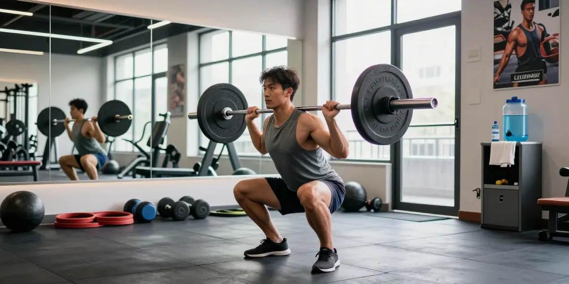 Bodybuilder, der im modernen Fitnessstudio von Steroidshop ein Krafttraining-Squat durchführt.