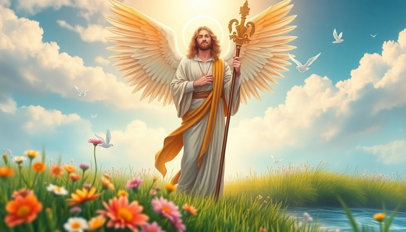 Erzengel Raphael steht in einem Garten und symbolisiert Heilung und Frieden.