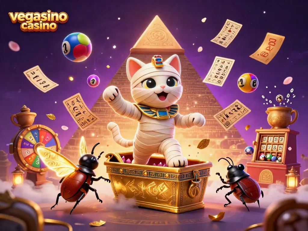 Experience vibrant gameplay at vegasino casino with an Egyptian mummy cat and thrilling casino elements.