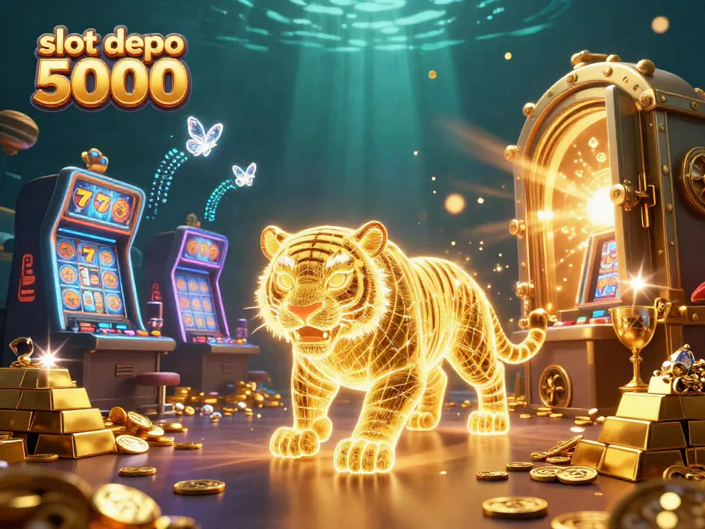 Experience the excitement of slot depo 5000 with a vibrant casino scene showcasing a neon tiger and shimmering treasures.