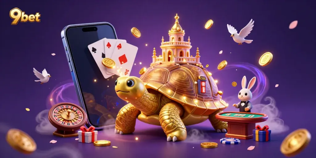 Experience thrilling gaming with the 9bet casino scene featuring a golden tortoise and vibrant slots.