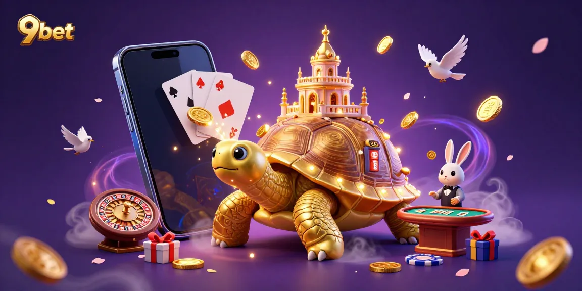 Experience thrilling gaming with the 9bet casino scene featuring a golden tortoise and vibrant slots.