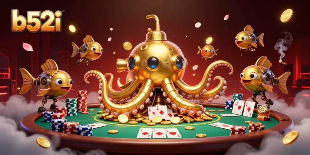 Engage in thrilling poker at b52i with a golden kraken submarine amidst soaring piles of chips.