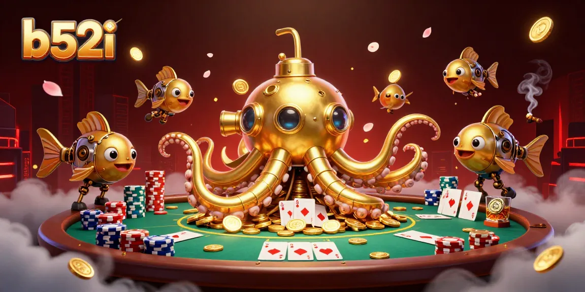 Engage in thrilling poker at b52i with a golden kraken submarine amidst soaring piles of chips.