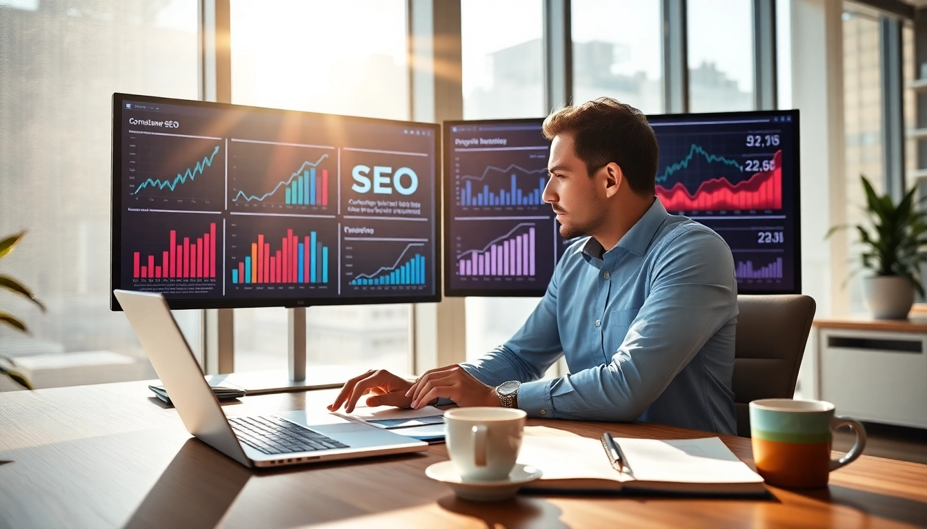 Präsentation effektiver SEO Tipps in einem modernen Büro mit Laptop und Diagrammen.
