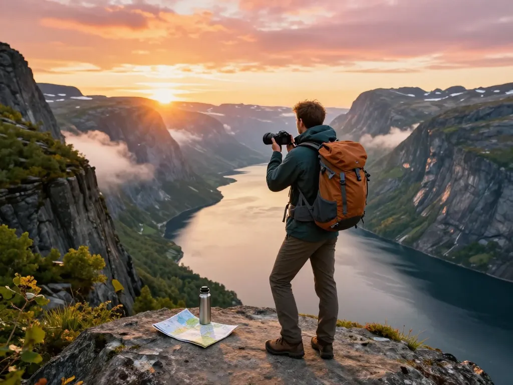 Skandinavien Reisetipps: Ein Reisender am Ufer eines Fjords genießt atemberaubende Ausblicke beim Sonnenuntergang und zeigt Abenteuer-Equipment sowie natürliche Schönheit.