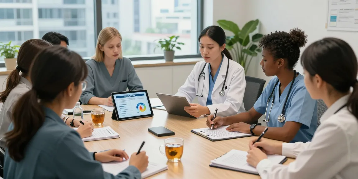 Collaborative meeting focused on Datenschutz and Gemeinschafts in a modern healthcare setting.