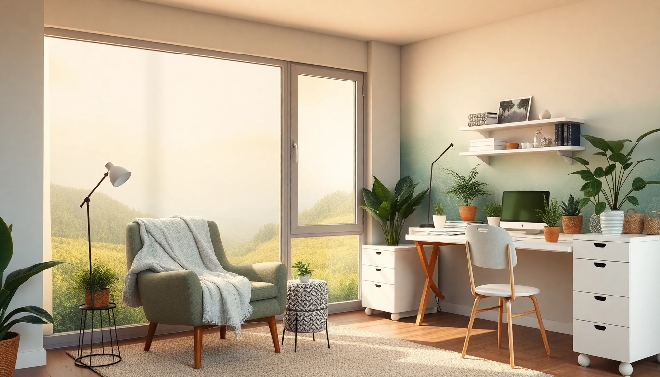 Enhance emotional wellbeing with a serene workspace featuring calming colors and natural elements.