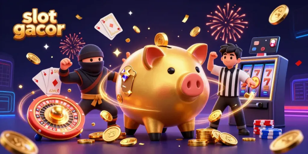 Engage with slot gacor magic through this vibrant 3D scene of golden characters and coins.