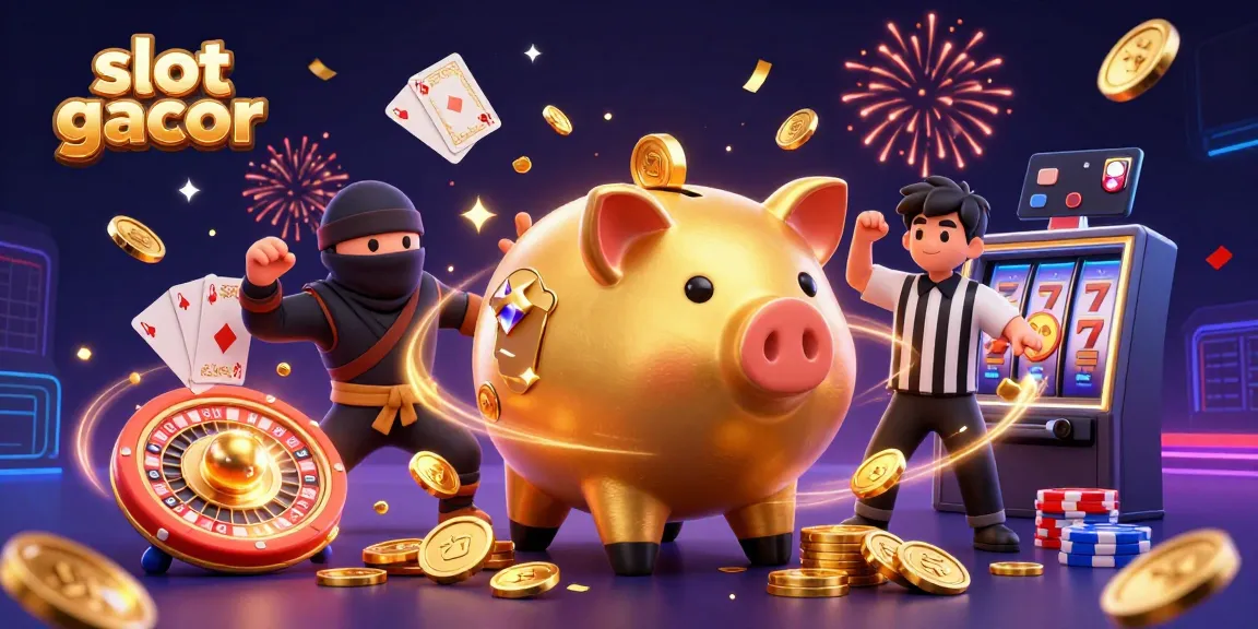 Engage with slot gacor magic through this vibrant 3D scene of golden characters and coins.