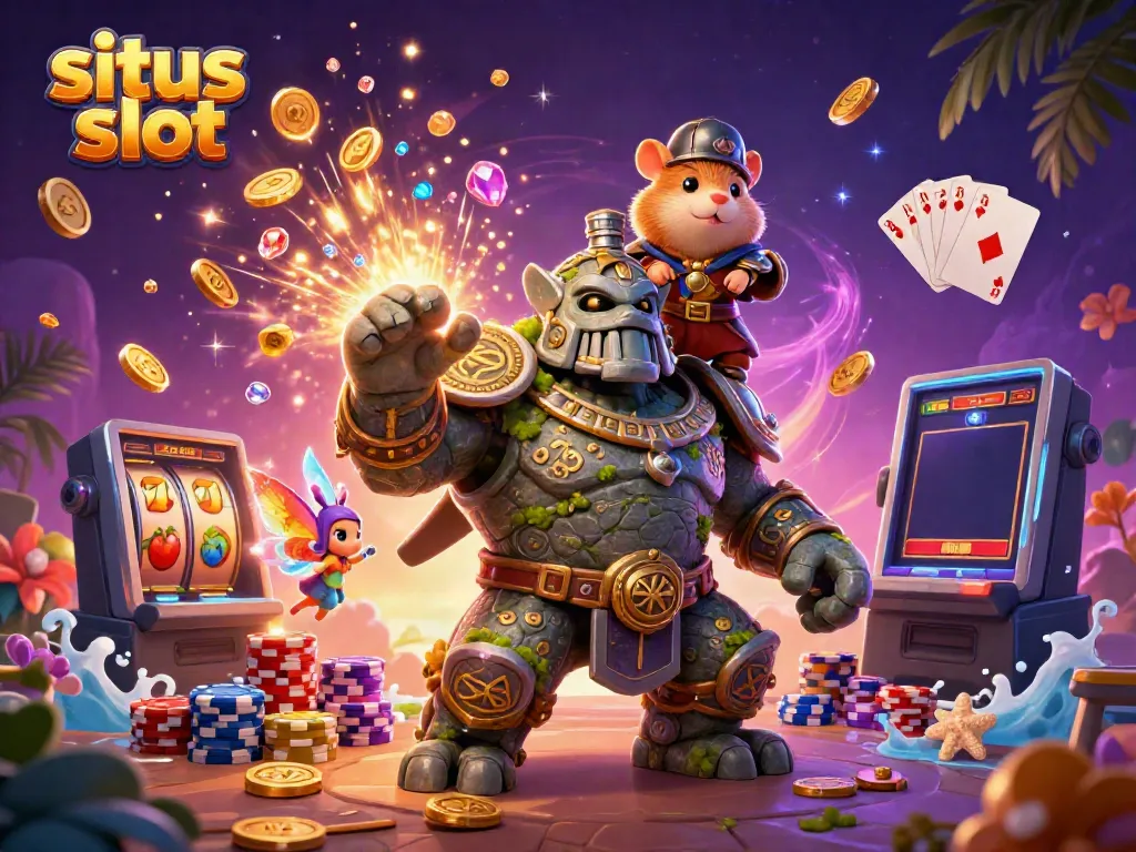 Experience thrilling gameplay at situs slot with an adventurous stone golem, fairy magic, and vibrant slots.