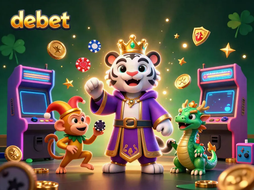 Engage in the debet gaming world with a vibrant 3D casino scene featuring lively characters and game elements.