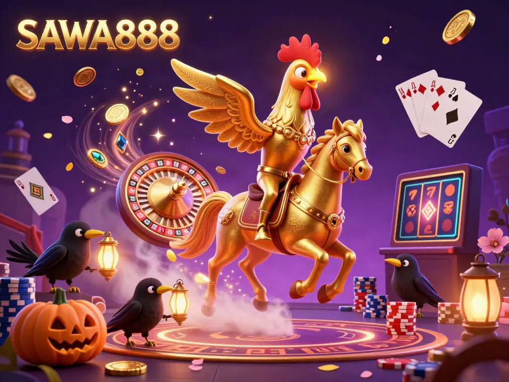 Experience the excitement of SAWA888 with vibrant characters and casino elements in a magical midnight scene.