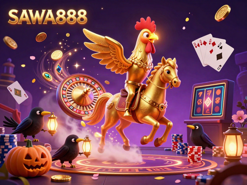 Experience the excitement of SAWA888 with vibrant characters and casino elements in a magical midnight scene.