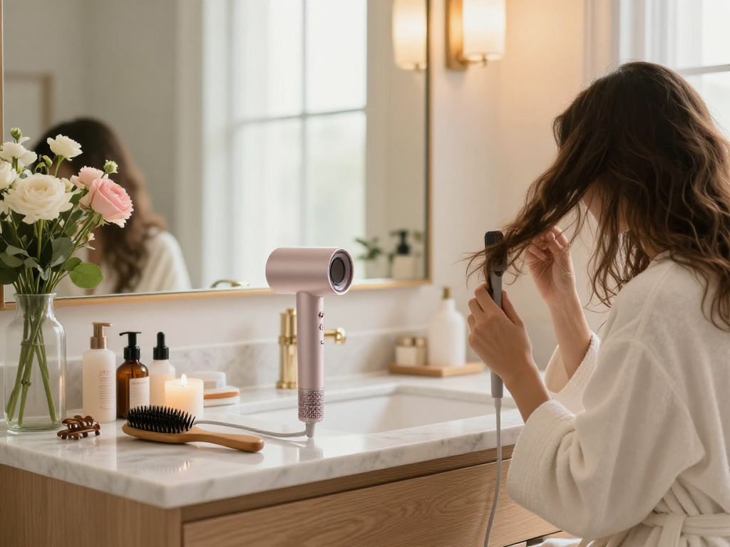 Stylish young woman using a small hair dryer in a cozy bathroom