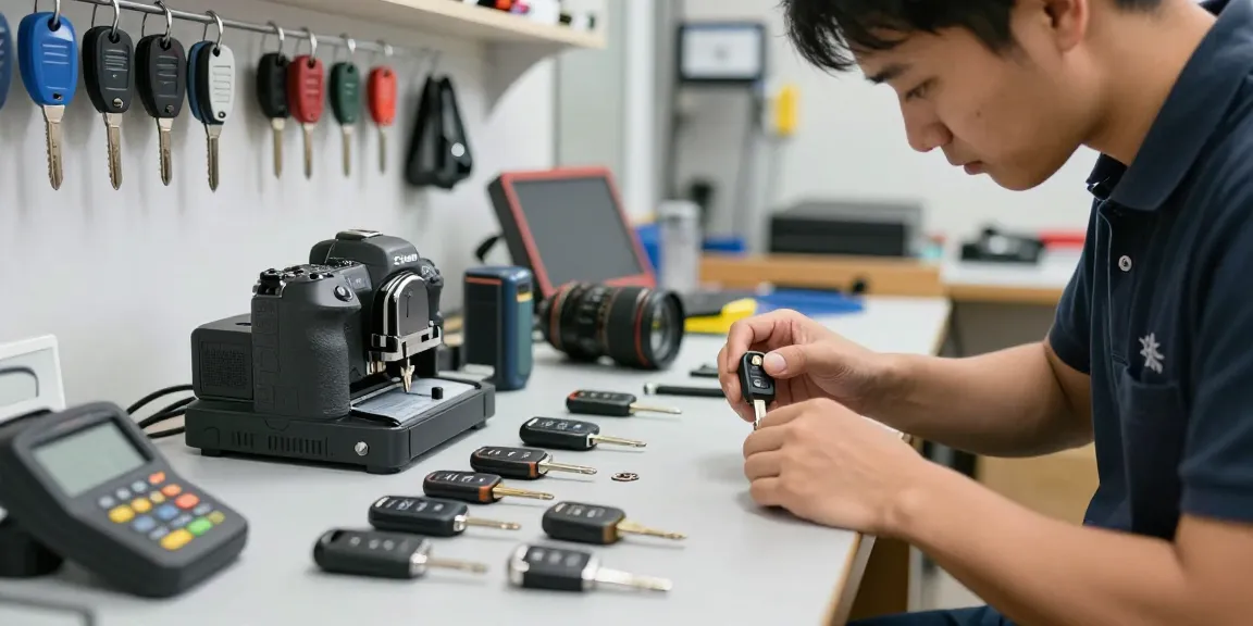 Schlüssel für Auto: Professioneller Schlüsseldienst bei der Arbeit mit verschiedenen Autoschlüsseln und -fobs.