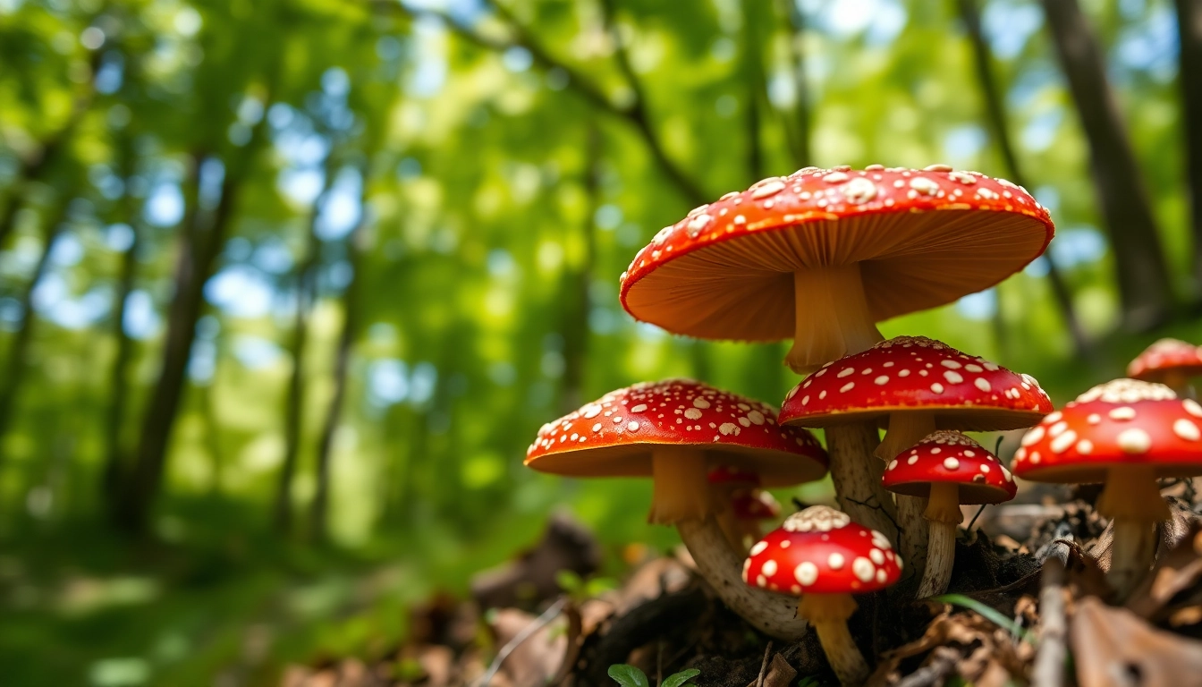 Entdecken Sie hochwertige amanita muscaria kaufen Pilze in einem bezaubernden Waldumfeld.