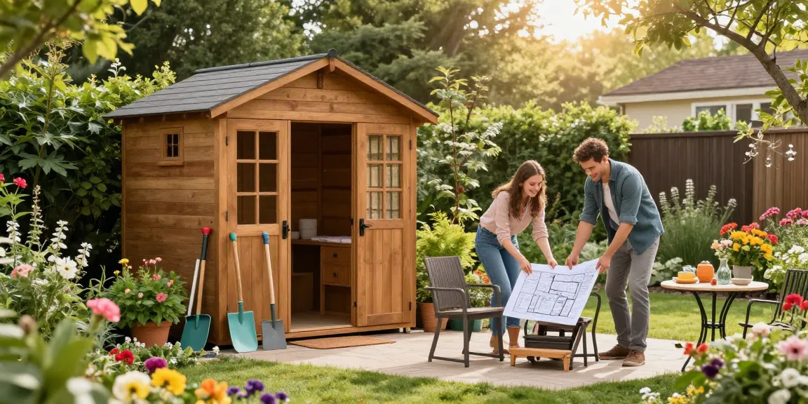 Gartenhaus kaufen: Künstlerisches Holz-Gartenhaus umgeben von blühenden Pflanzen und fröhlichen Menschen beim Möbelaufbau.