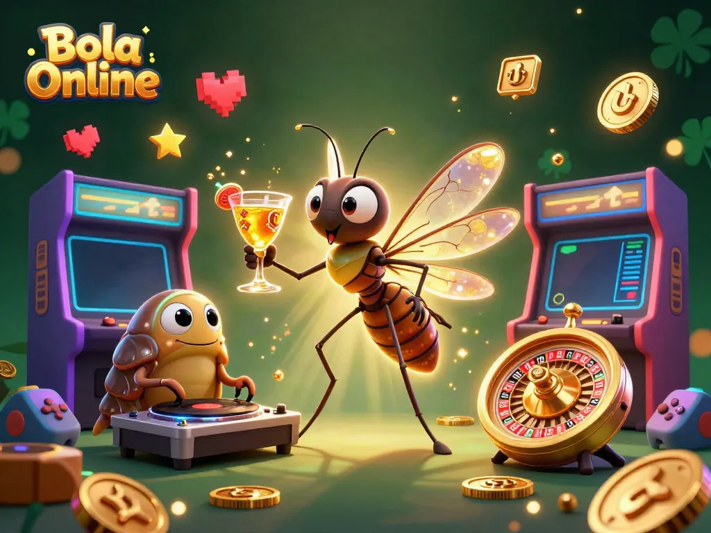 Engage in thrilling gameplay with Bola Online, featuring a lively casino mascot and vibrant gaming elements.
