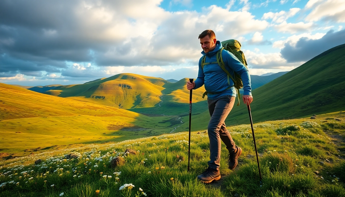 Wanderer auf dem Kerry Way Irland umgeben von grüner Natur und blühenden Wildblumen