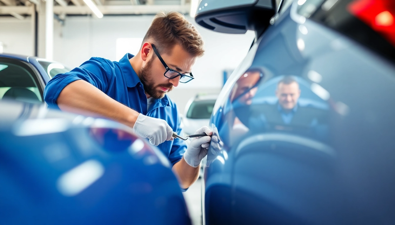 Dellenreparatur München durch Techniker, der eine Delle am Luxury Car professionell entfernt.
