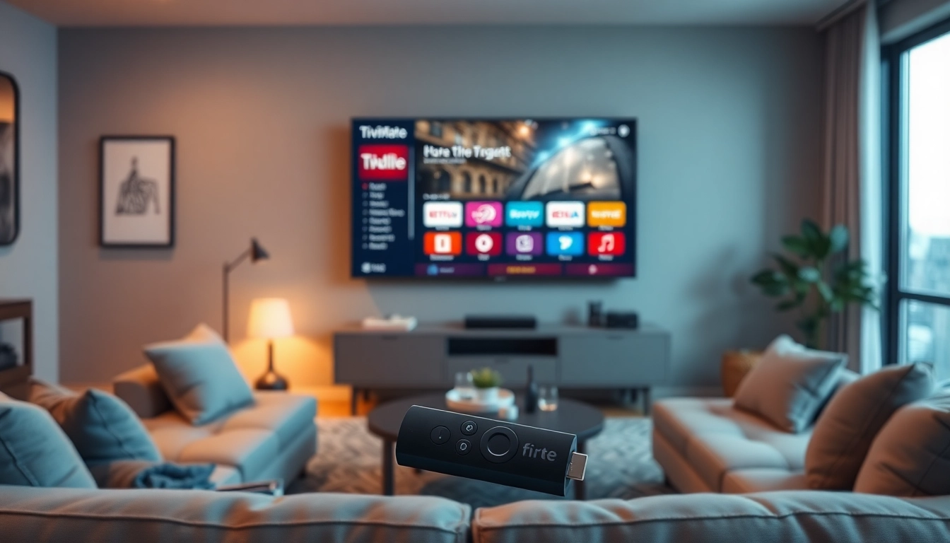 TiviMate interface displayed on a Fire TV Stick in a modern living room setting, showcasing IPTV streaming.