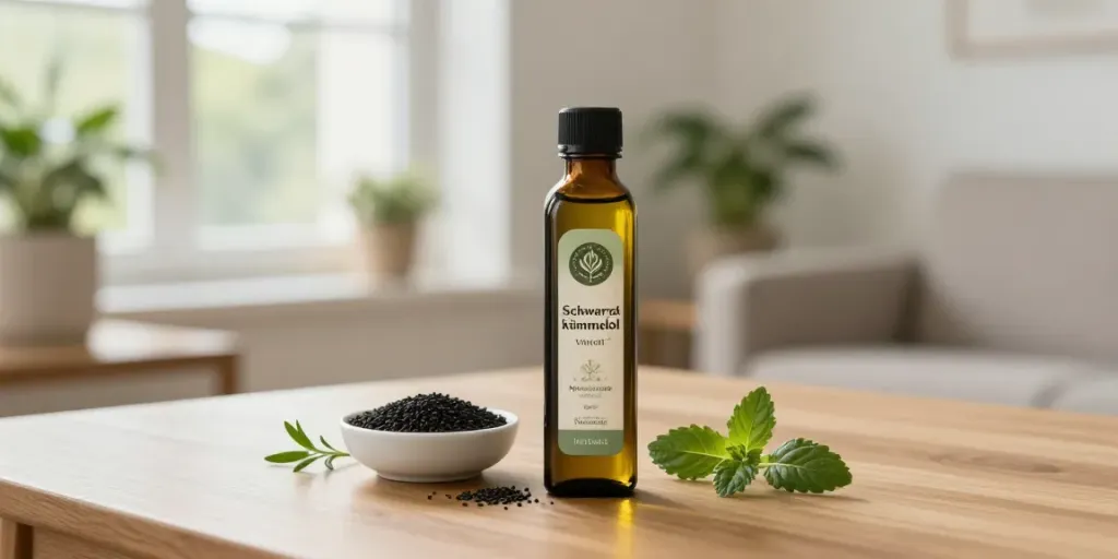 Schwarzkümmelöl von Naturzade auf einem Holztisch, umgeben von frischen Kräutern und Kreuzkümmelsamen.