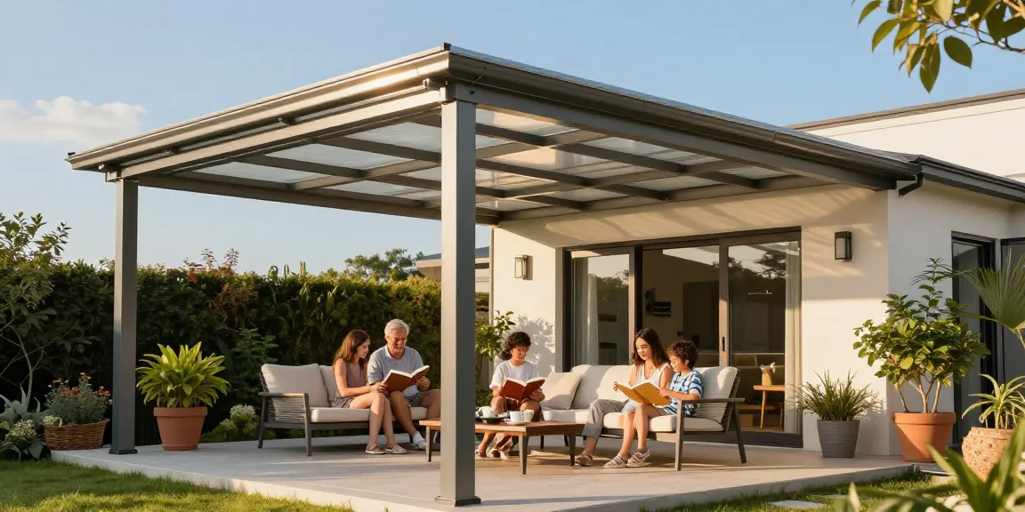 Familie unter einer stilvollen Terrassenüberdachung, die Zeit miteinander genießen.