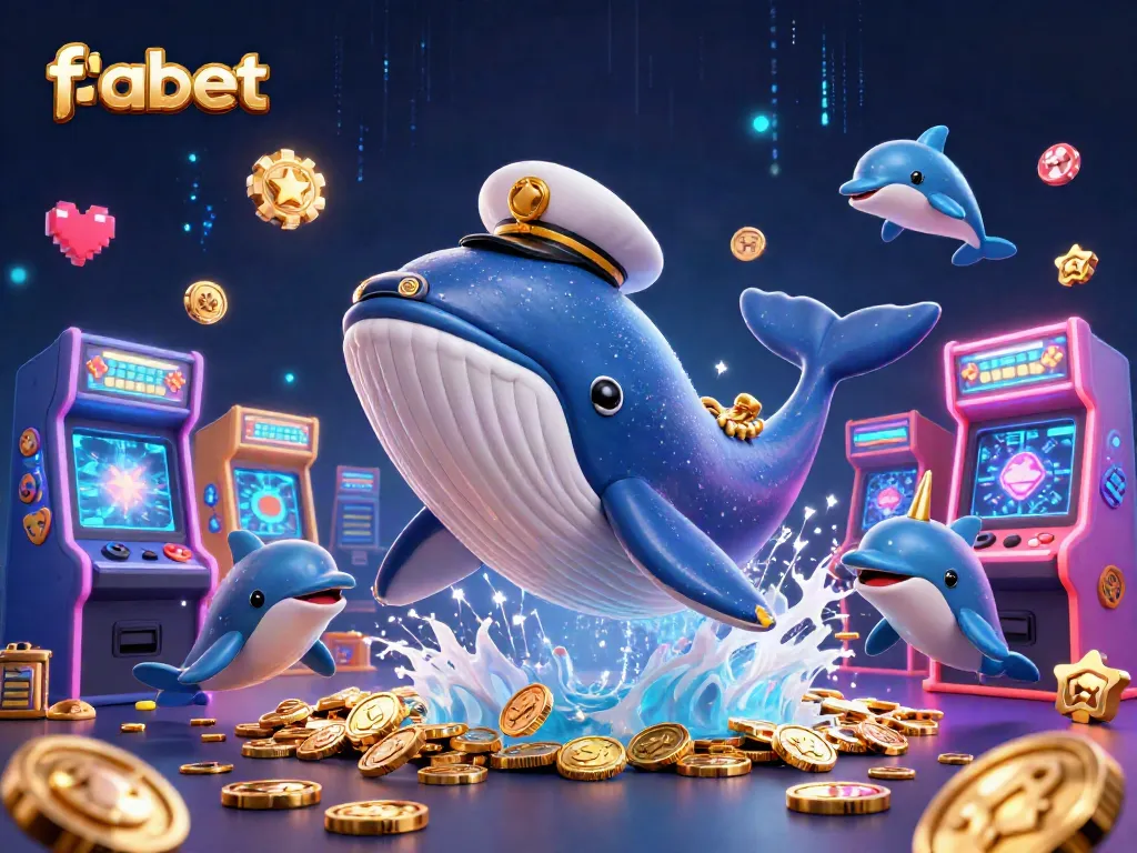 Join the fun at fabet with a colorful casino scene featuring a playful whale and poker chips.