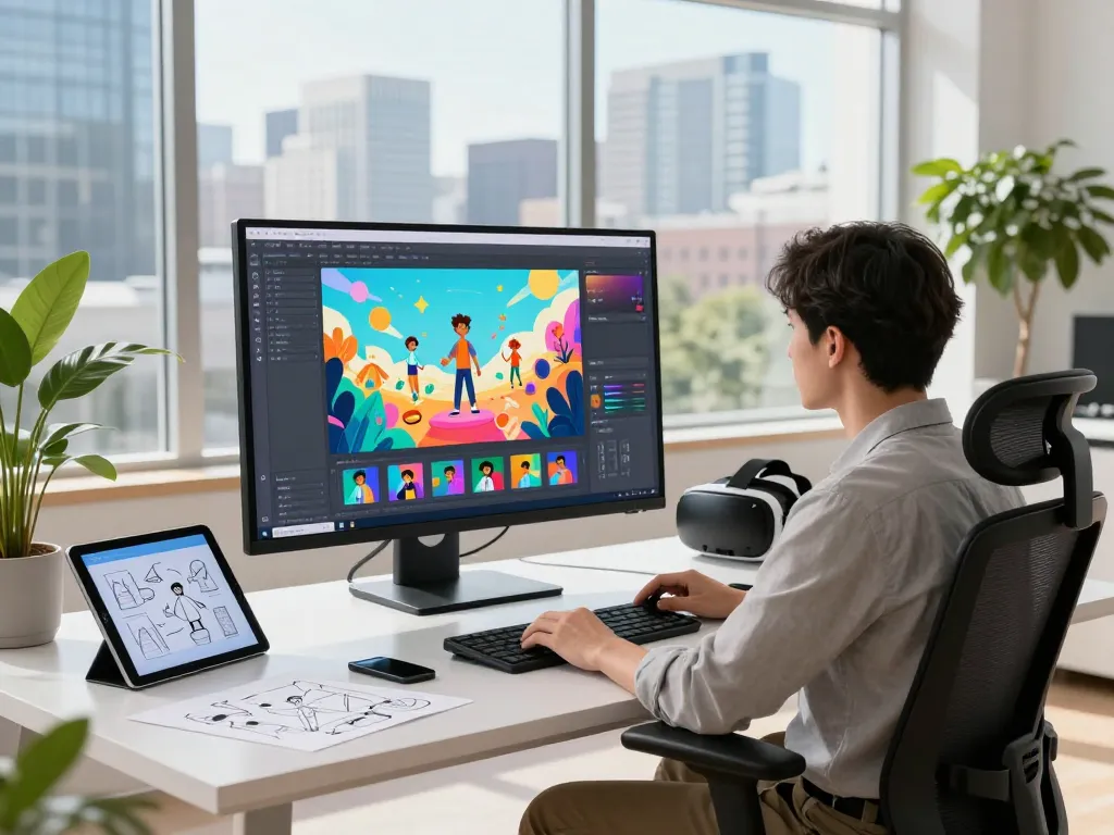 Animation designer using motion control ai in a modern workspace featuring vibrant digital sketches and city views.