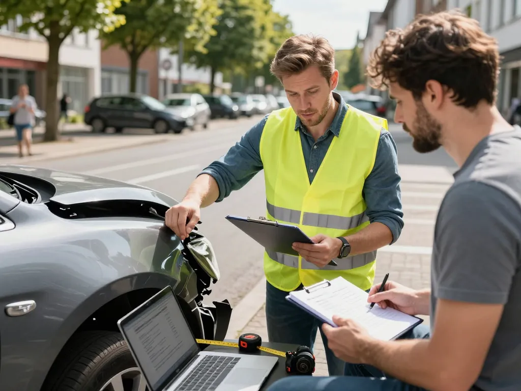 Kfz Sachverständiger Eschweiler inspiziert ein beschädigtes Auto im Freien und unterstützt einen Autobesitzer bei der detaillierten Fahrzeugbewertung.