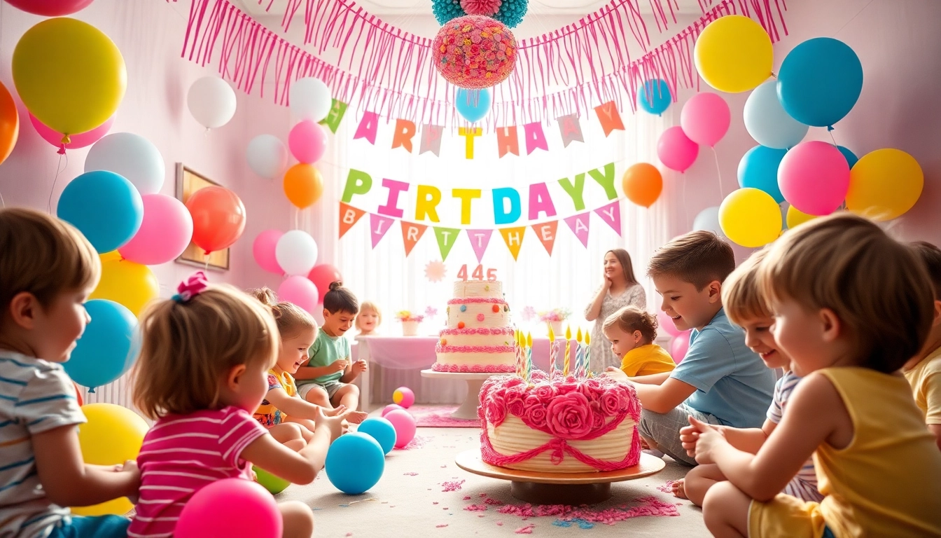 Kindergeburtstag 4 Jahre mit fröhlichen Kindern und bunten Dekorationen.