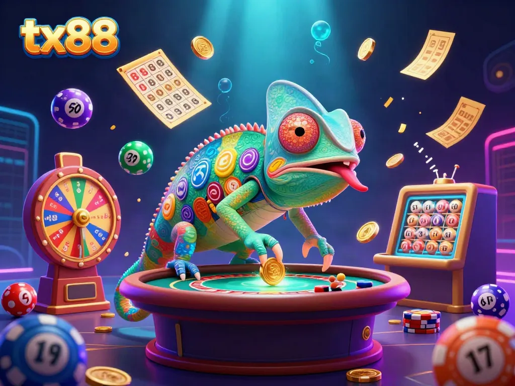 Experience exciting gambling thrills at tx88 with the animated chameleon casino owner among vibrant game elements.