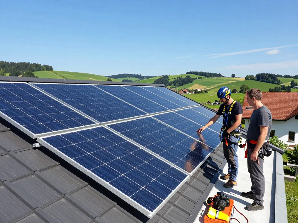 Photovoltaik Bayern Installation von Solarpanelen in Bayern mit Installateur und Hausbesitzer.