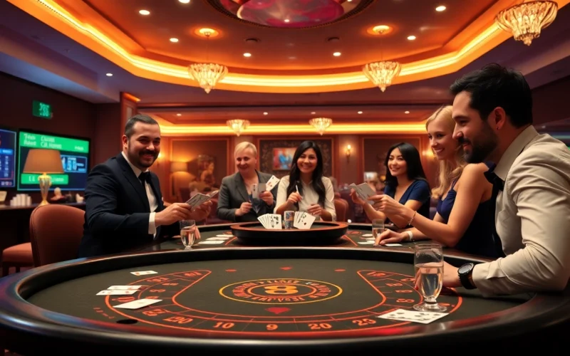 Spiele casino online mit begeisterten Spielern und lebhaften Lichtern in einem modernen Casino-Ambiente.