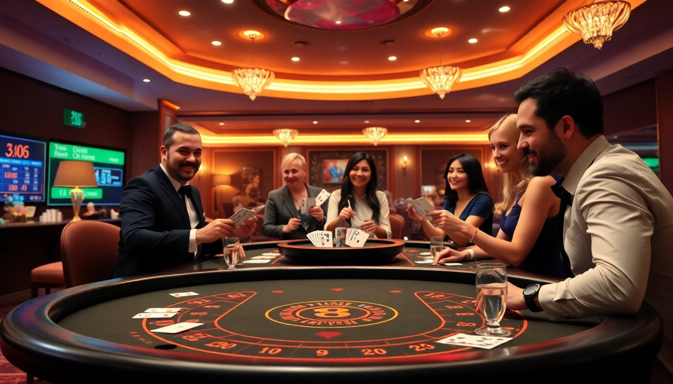 Spiele casino online mit begeisterten Spielern und lebhaften Lichtern in einem modernen Casino-Ambiente.