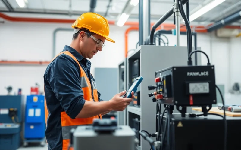 Technician performing a DGUV V3 Prüfung on electrical equipment, ensuring workplace safety and compliance.