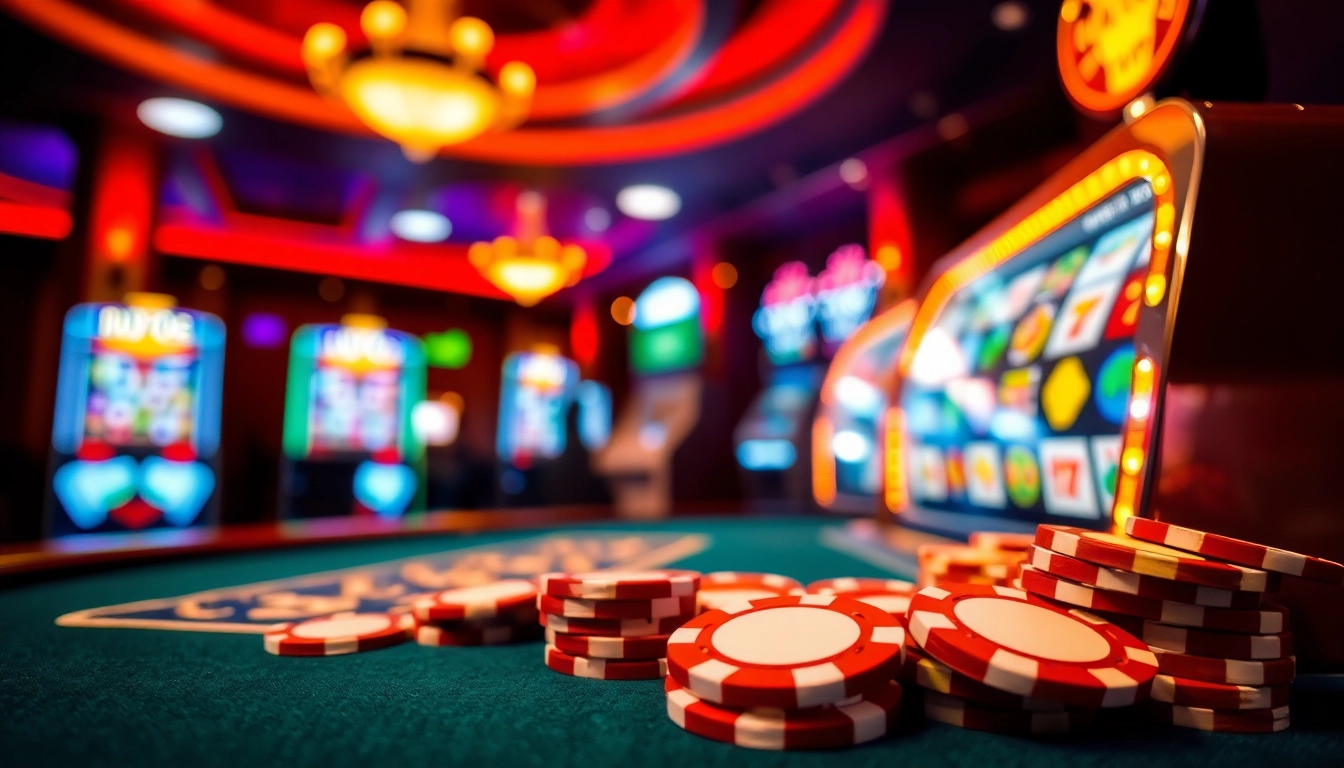 Claim amazing Casino Bonus offers with vibrant chips and a glamorous slot machine setting.