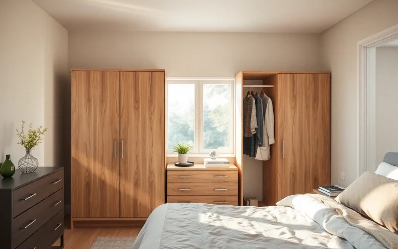 Kunststoff kleiderbügel auf einem Kleiderständer, präsentiert in einem stilvollen Schlafzimmer mit natürlichem Licht.