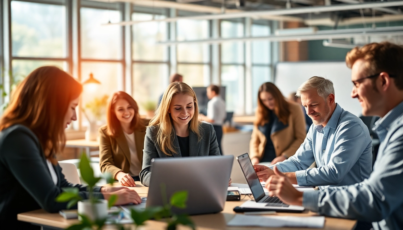 Aktuelle Stellenangebote, Grafik eines bunten Arbeitsplatzes mit motivierten Mitarbeitern im Team.