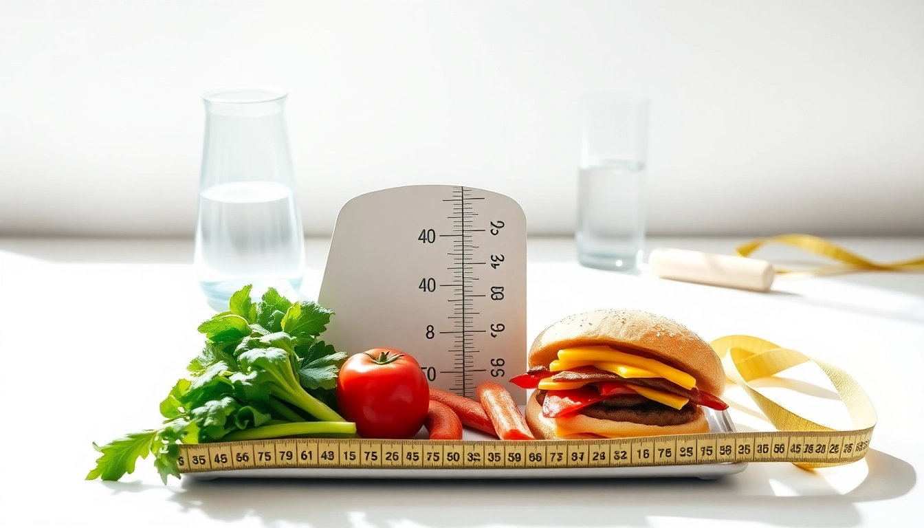 Symbolisieren Sie den Gewichtsverlust mit einer Waage, die gesunde und ungesunde Lebensmittel abwägt.