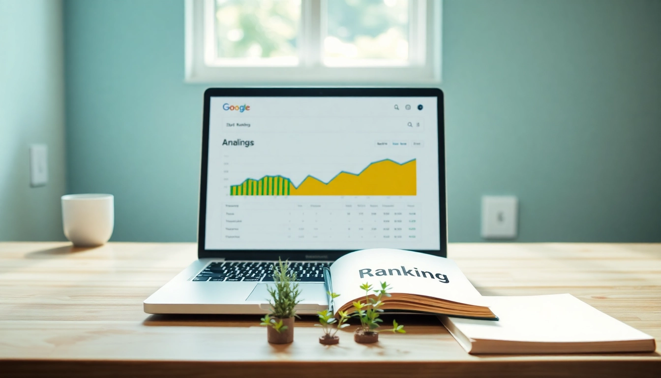 Modernes Büro mit Laptop, der SEO-Ranking-Analysen anzeigt, zeigt Optimierungsmöglichkeiten.