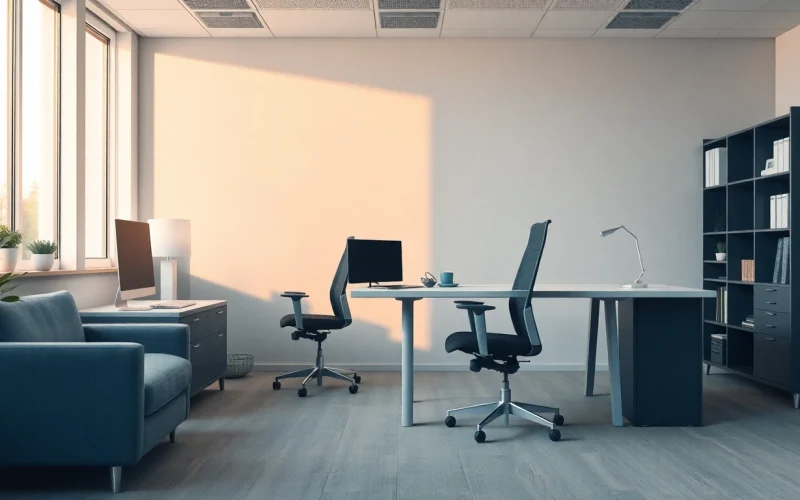 Modernes Büro mit eleganten Büromöbeln, ergonomischem Schreibtisch und Stuhl in einladender Atmosphäre.